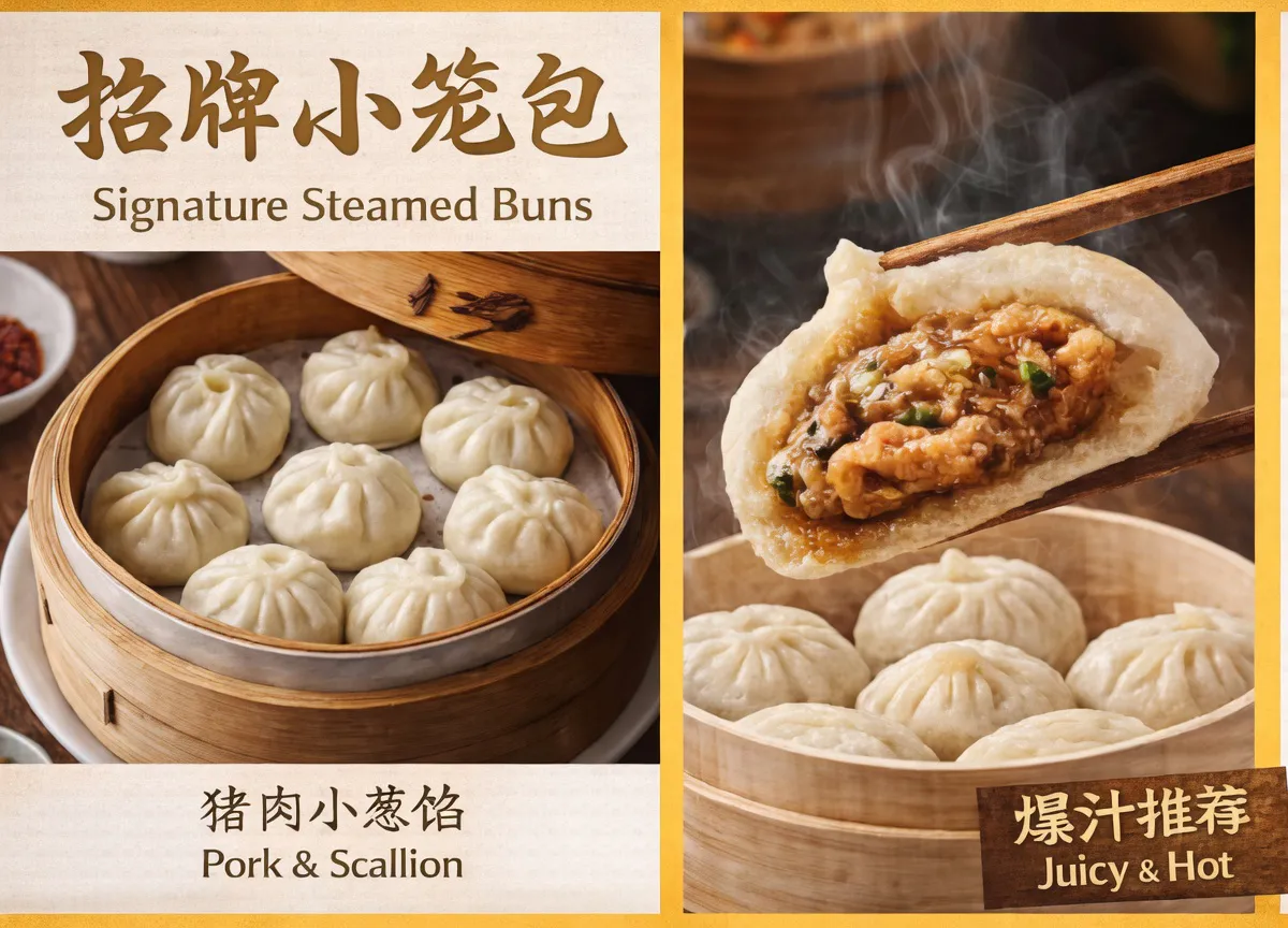 Poster for Signature Steamed Buns with pork & scallion filling, showing buns in a steamer and a juicy bite.
