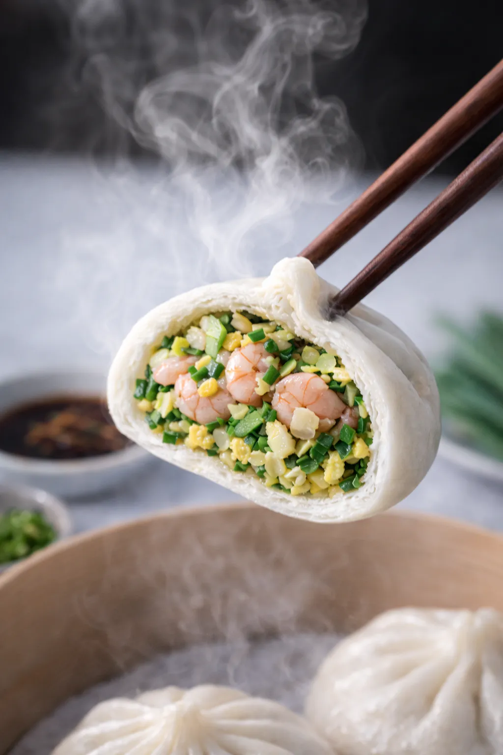 Steamed Shrimp, Chive, and Egg Bun at Lans Dumpling, Chinese Dim Sum Restaurant in El Monte