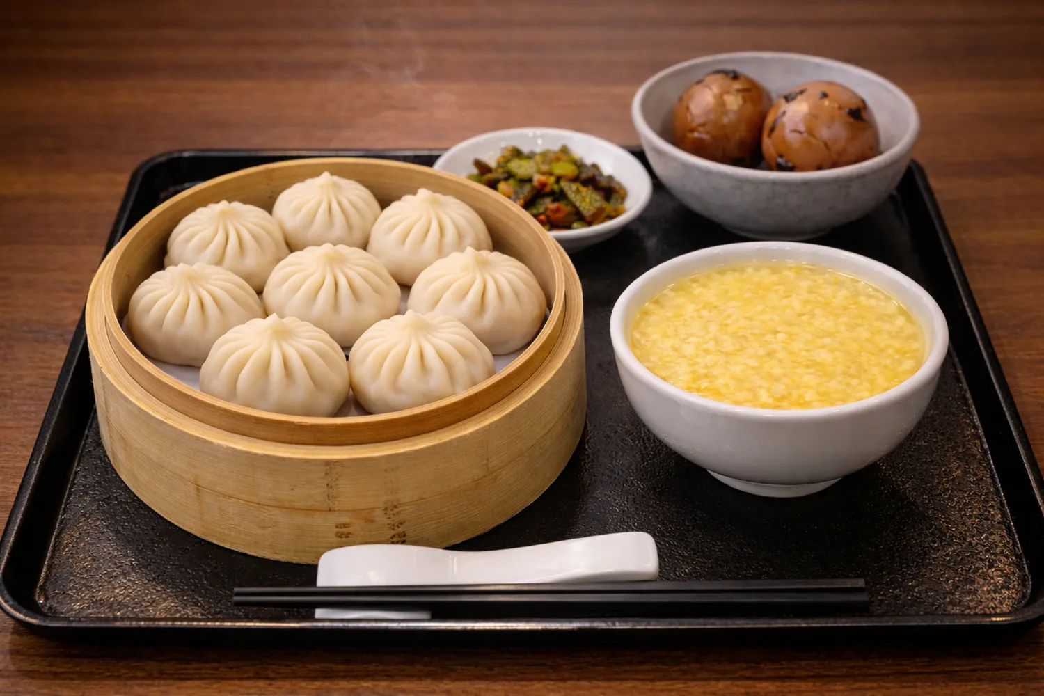 Xiaolongbao in a bamboo steamer, millet congee, tea eggs, and pickles served on a black tray.